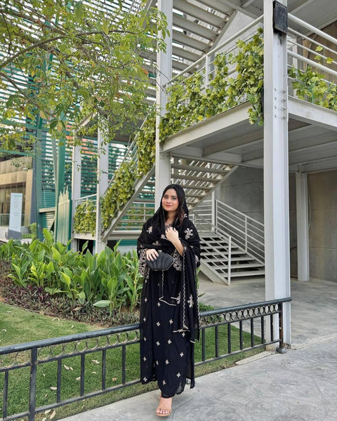 Black Premium Designer Party Wear Faux Georgette Top, Bottom & Dupatta Set Clothsvilla Main image