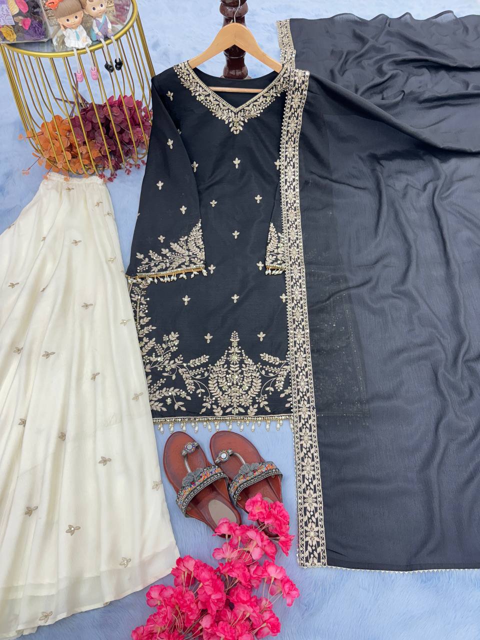 Black Premium Designer Party Wear Heavy Chinon Silk Top, Palazzo & Dupatta Set