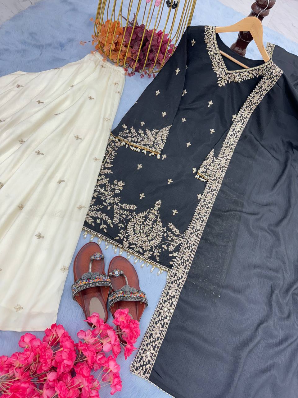 Black Premium Designer Party Wear Heavy Chinon Silk Top, Palazzo & Dupatta Set