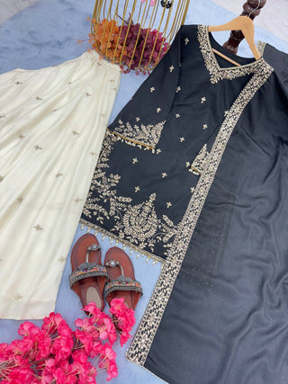 Black Premium Designer Party Wear Heavy Chinon Silk Top, Palazzo & Dupatta Set