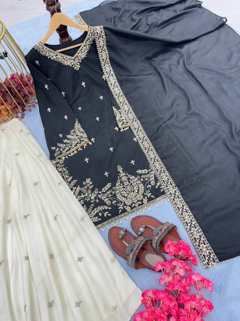 Black Premium Designer Party Wear Heavy Chinon Silk Top, Palazzo & Dupatta Set