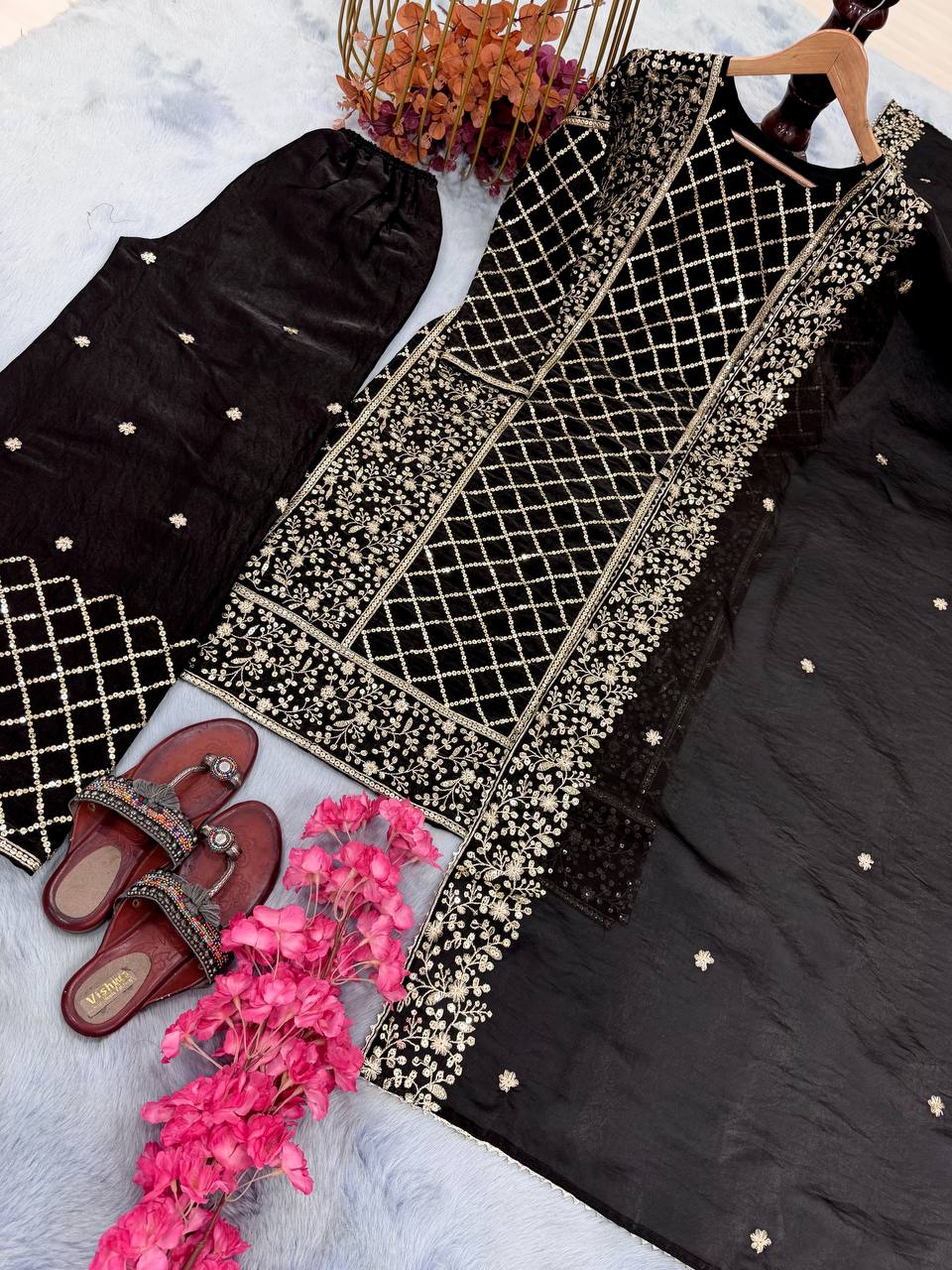 Black Premium Designer Party Wear Ready-Made Top, Plazzo & Dupatta Set ClothsVilla Main image
