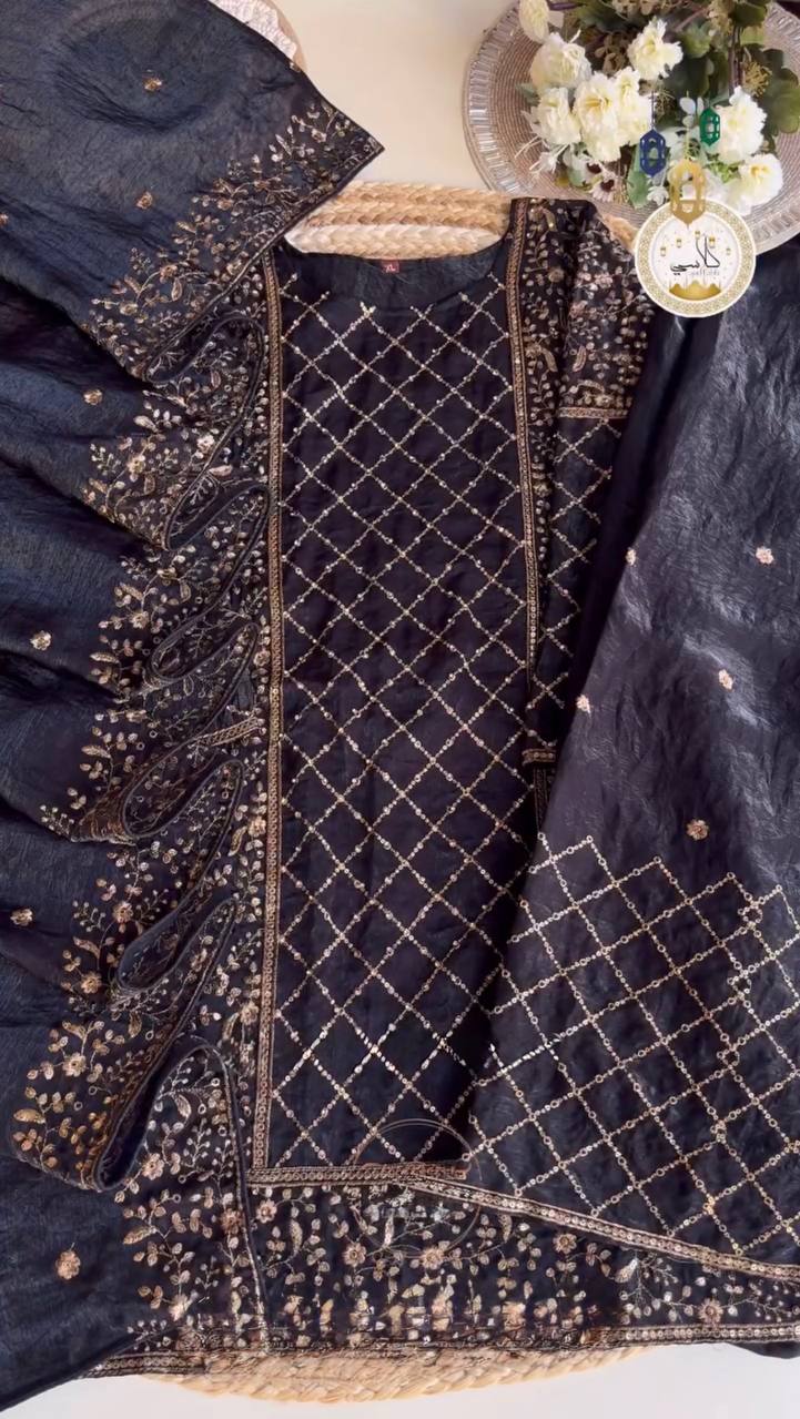 Black Premium Designer Party Wear Ready-Made Top, Plazzo & Dupatta Set ClothsVilla