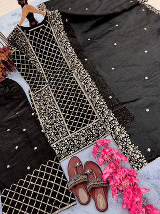 Black Premium Designer Party Wear Ready-Made Top, Plazzo & Dupatta Set ClothsVilla