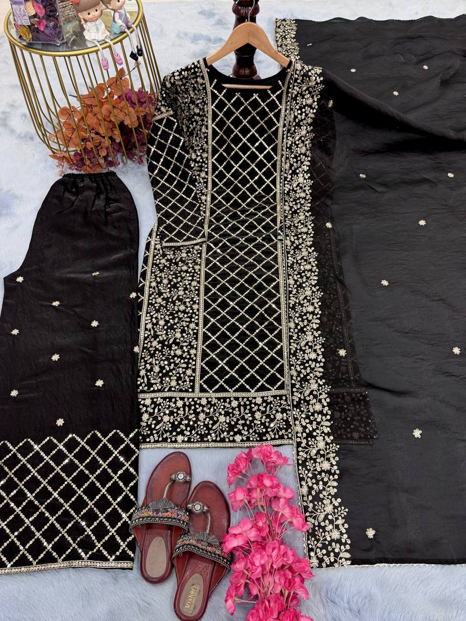 Black Premium Designer Party Wear Ready-Made Top, Plazzo & Dupatta Set ClothsVilla