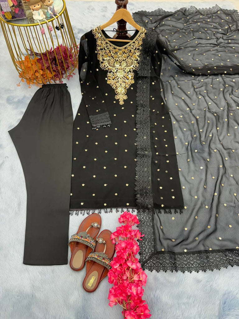 Black Premium Designer Party Wear Top, Bottom & Dupatta Set Clothsvilla