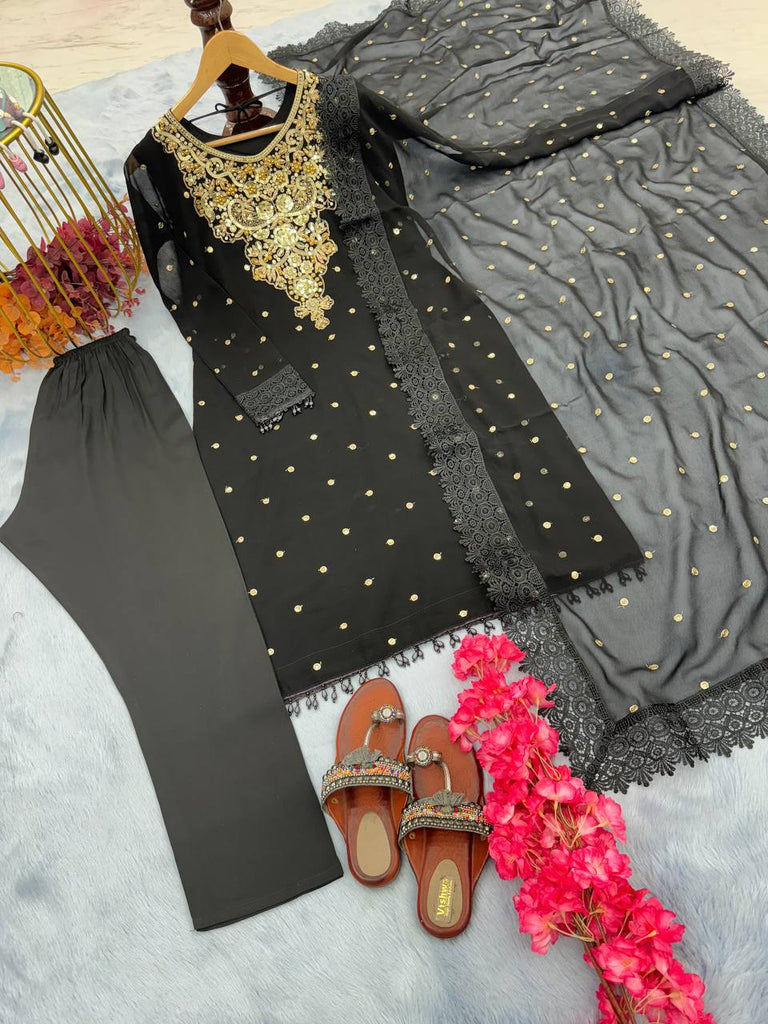 Black Premium Designer Party Wear Top, Bottom & Dupatta Set Clothsvilla