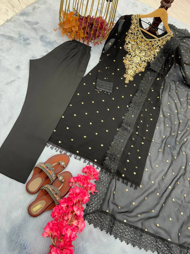 Black Premium Designer Party Wear Top, Bottom & Dupatta Set Clothsvilla