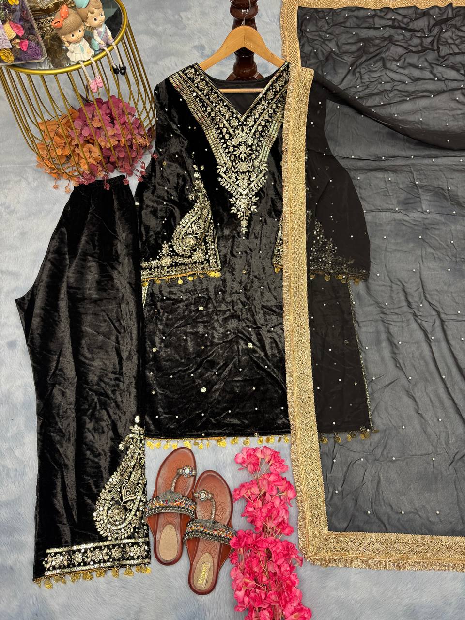 Black Premium Designer Party Wear Velvet Top, Palazzo & Dupatta Set Secondary image