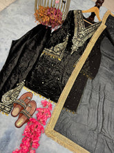 Load image into Gallery viewer, Black Premium Designer Party Wear Velvet Top, Palazzo &amp; Dupatta Set Clothsvilla