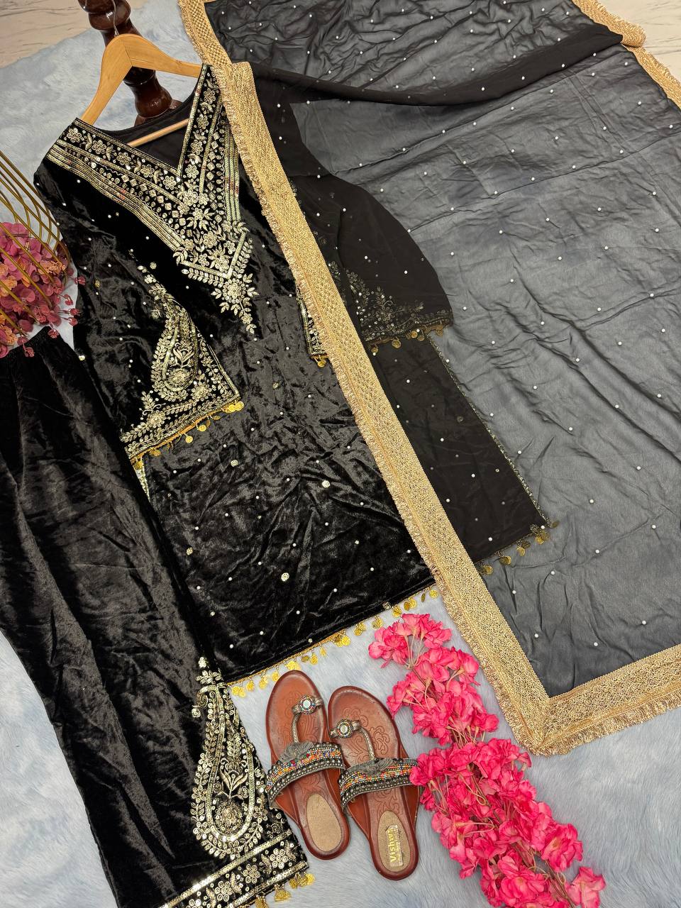 Black Premium Designer Party Wear Velvet Top, Palazzo & Dupatta Set Clothsvilla