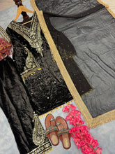 Load image into Gallery viewer, Black Premium Designer Party Wear Velvet Top, Palazzo &amp; Dupatta Set Clothsvilla