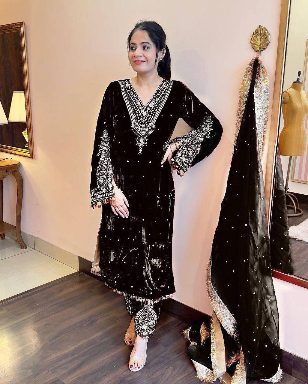 Black Premium Designer Party Wear Velvet Top, Palazzo & Dupatta Set Clothsvilla Main image