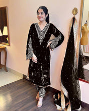 Load image into Gallery viewer, Black Premium Designer Party Wear Velvet Top, Palazzo &amp; Dupatta Set Clothsvilla