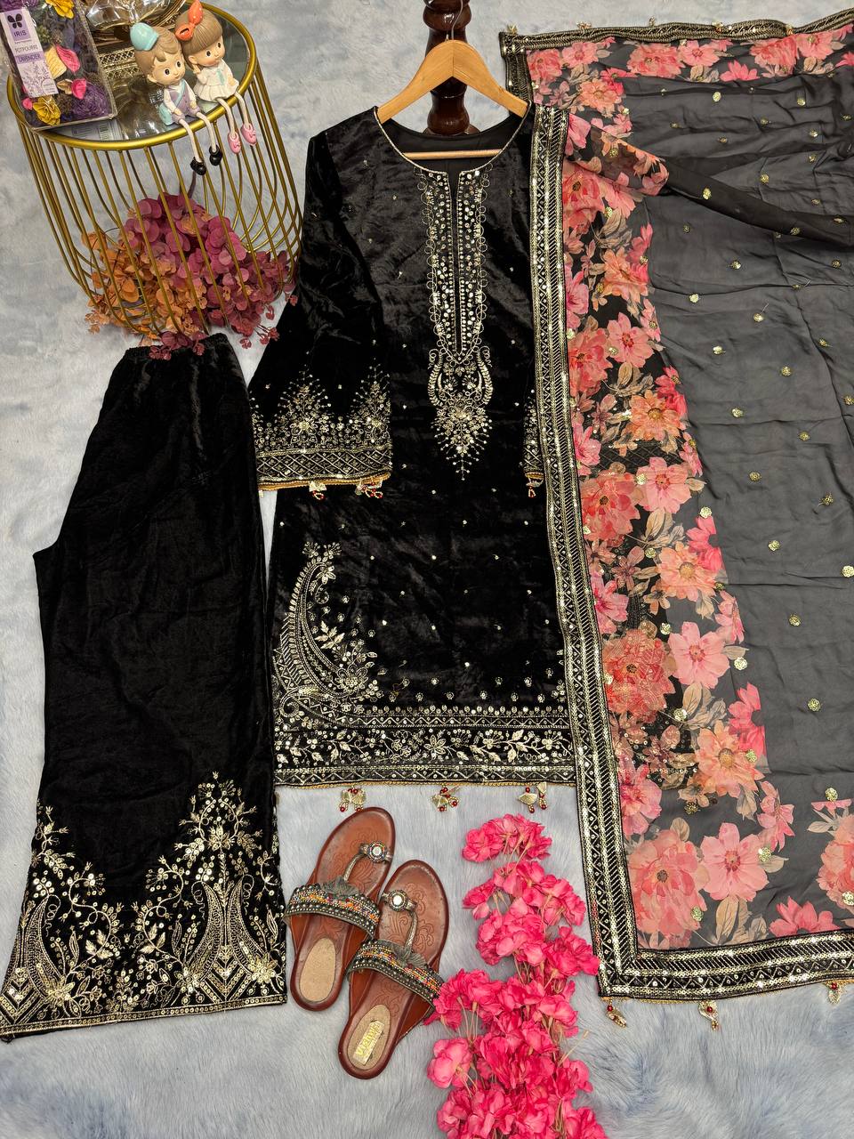 Black Premium Designer Party Wear Viscose Velvet Top, Plazzo & Dupatta Set – Elegant Festive Look Clothsvilla Main image