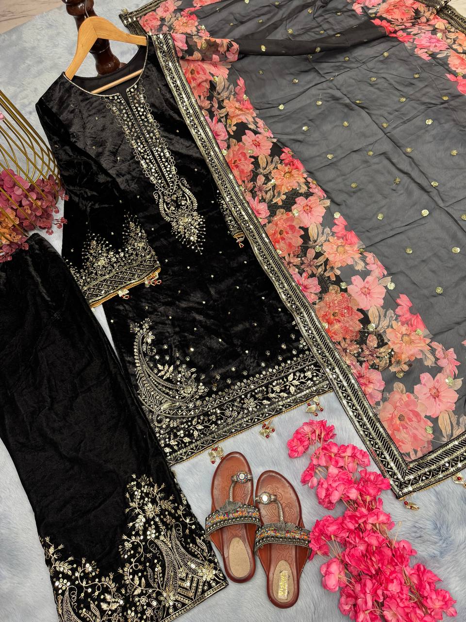 Black Premium Designer Party Wear Viscose Velvet Top, Plazzo & Dupatta Set – Elegant Festive Look Secondary image
