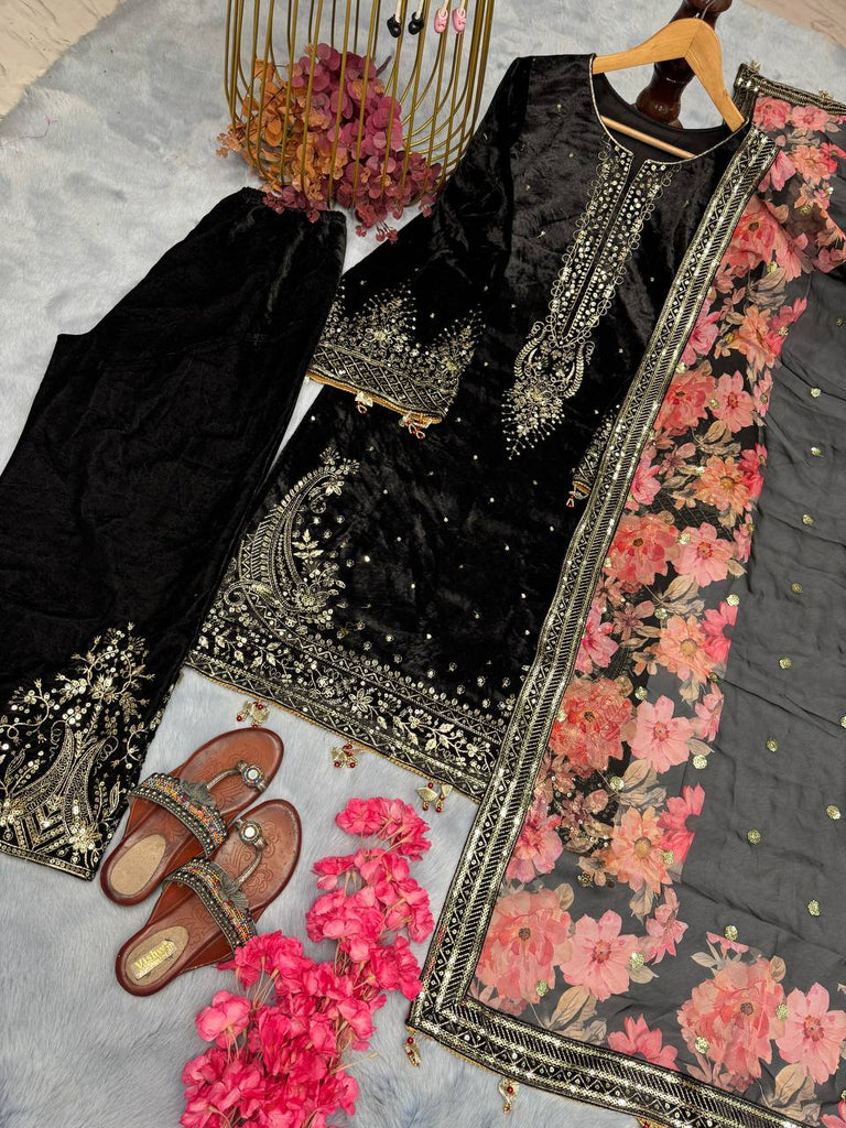 Black Premium Designer Party Wear Viscose Velvet Top, Plazzo & Dupatta Set – Elegant Festive Look Clothsvilla