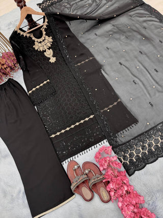 Black Premium Designer Ready-Made Party Wear Top, Plazzo & Dupatta Set ClothsVilla