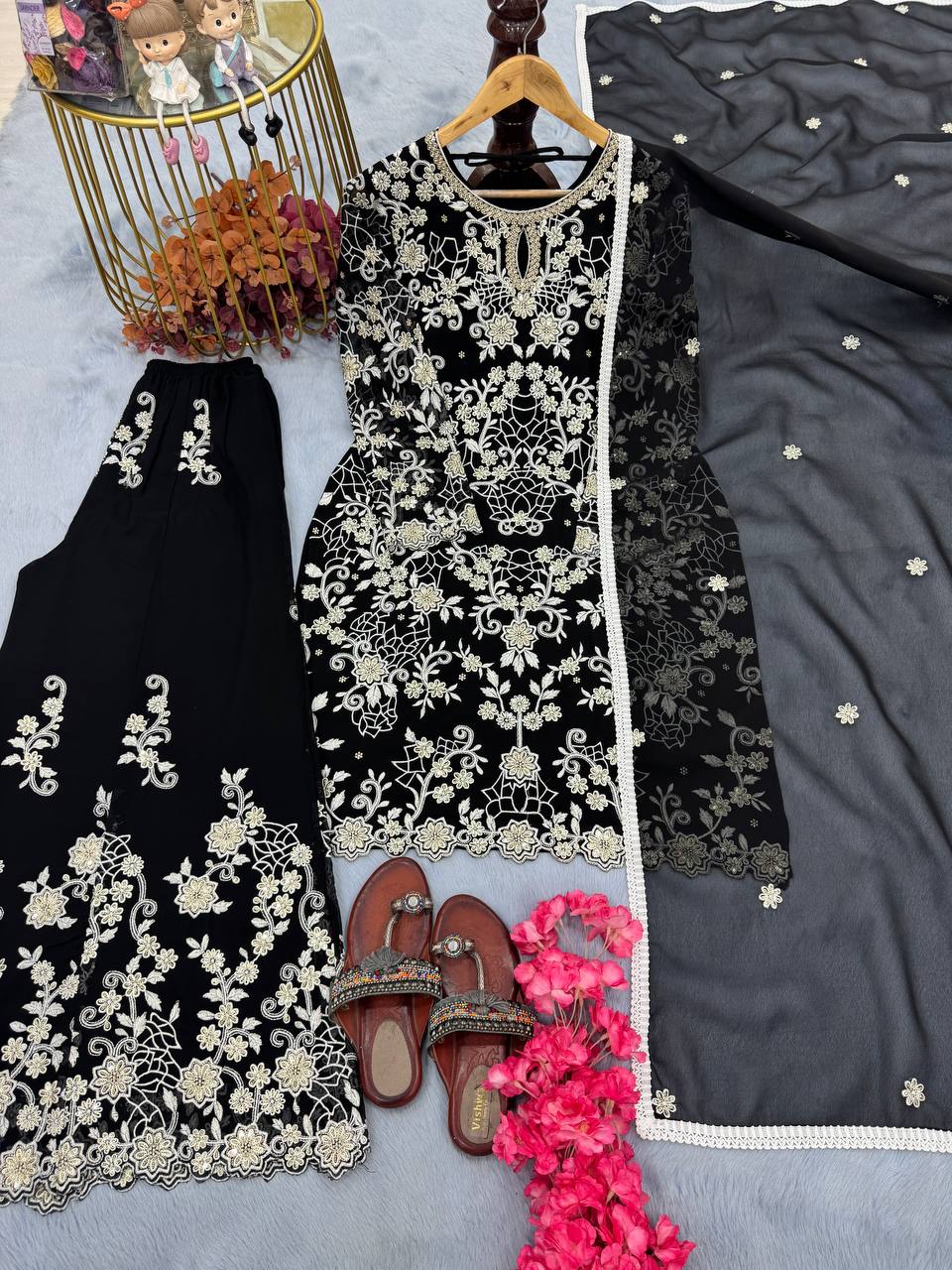 Black Premium Designer Ready-Made Party Wear Top, Plazzo & Dupatta Set ClothsVilla Main image