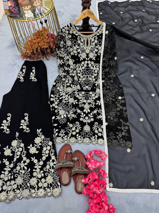 Black Premium Designer Ready-Made Party Wear Top, Plazzo & Dupatta Set ClothsVilla