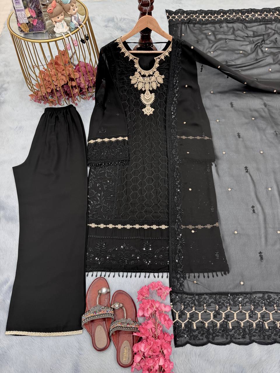 Black Premium Designer Ready-Made Party Wear Top, Plazzo & Dupatta Set ClothsVilla Main image