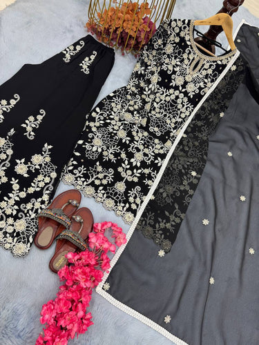 Black Premium Designer Ready-Made Party Wear Top, Plazzo & Dupatta Set ClothsVilla