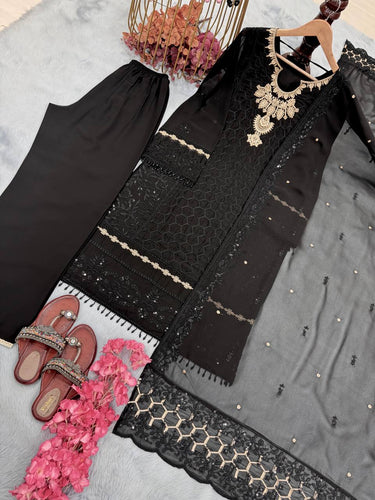 Black Premium Designer Ready-Made Party Wear Top, Plazzo & Dupatta Set ClothsVilla