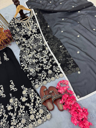 Black Premium Designer Ready-Made Party Wear Top, Plazzo & Dupatta Set ClothsVilla