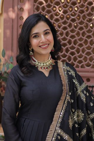 Black Premium Designer Ready-to-Wear Gown with Dupatta – Embroidery Zari Sequins Work