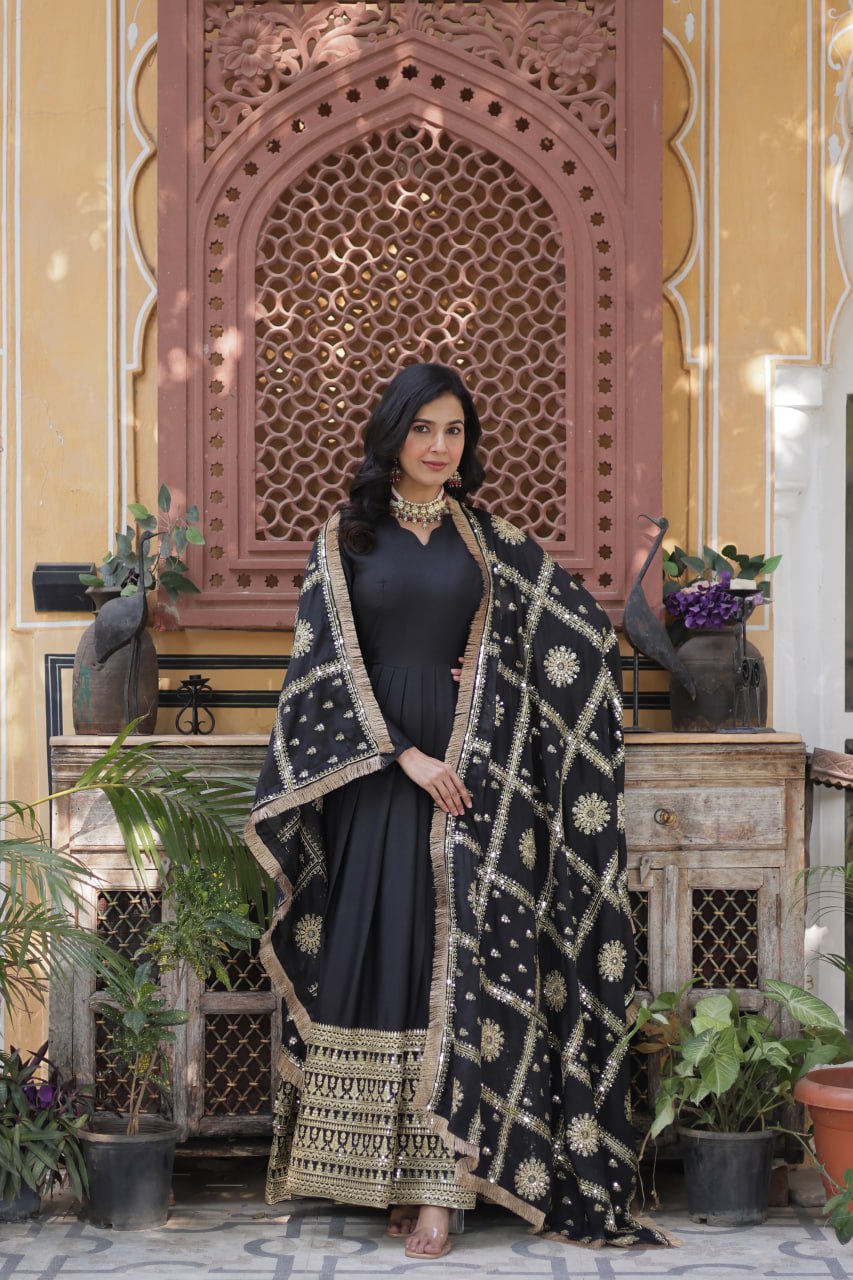 Black Premium Designer Ready-to-Wear Gown with Dupatta – Embroidery Zari Sequins Work