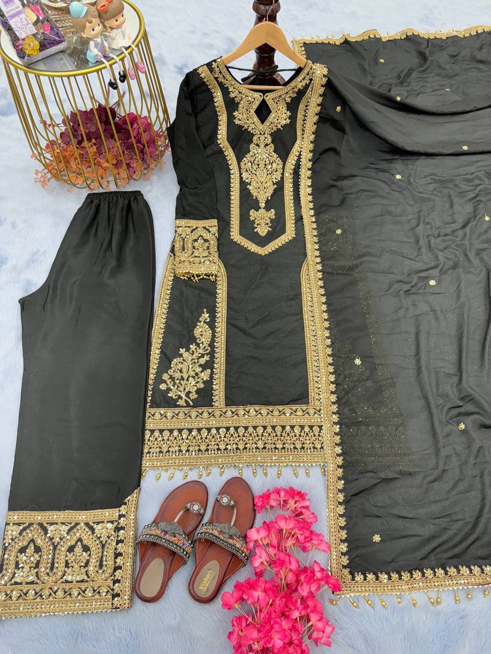 Black Premium Designer Readymade Chinon Silk Top, Plazzo & Dupatta Set – Party Wear Elegance Clothsvilla Main image