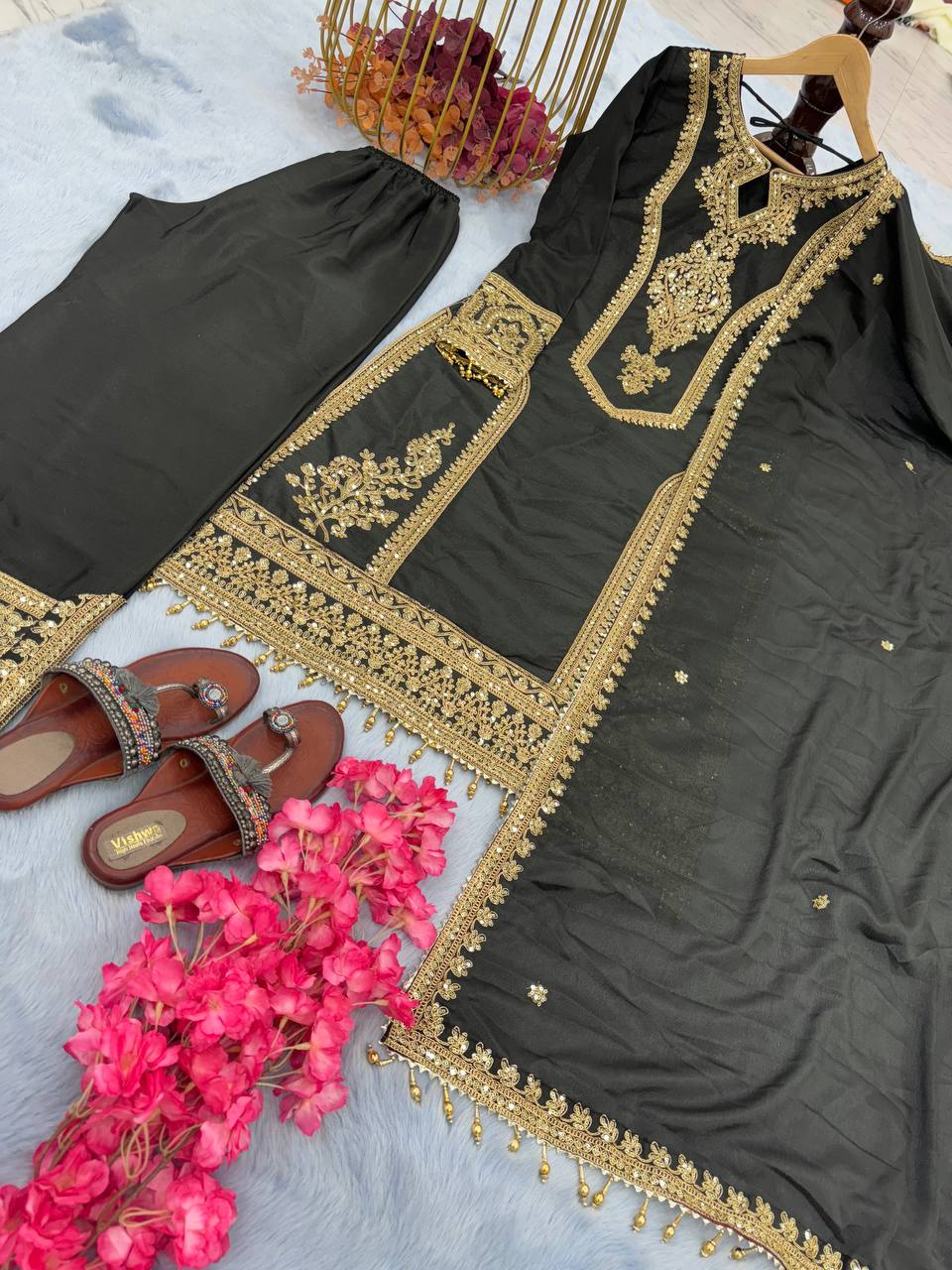 Black Premium Designer Readymade Chinon Silk Top, Plazzo & Dupatta Set – Party Wear Elegance Clothsvilla