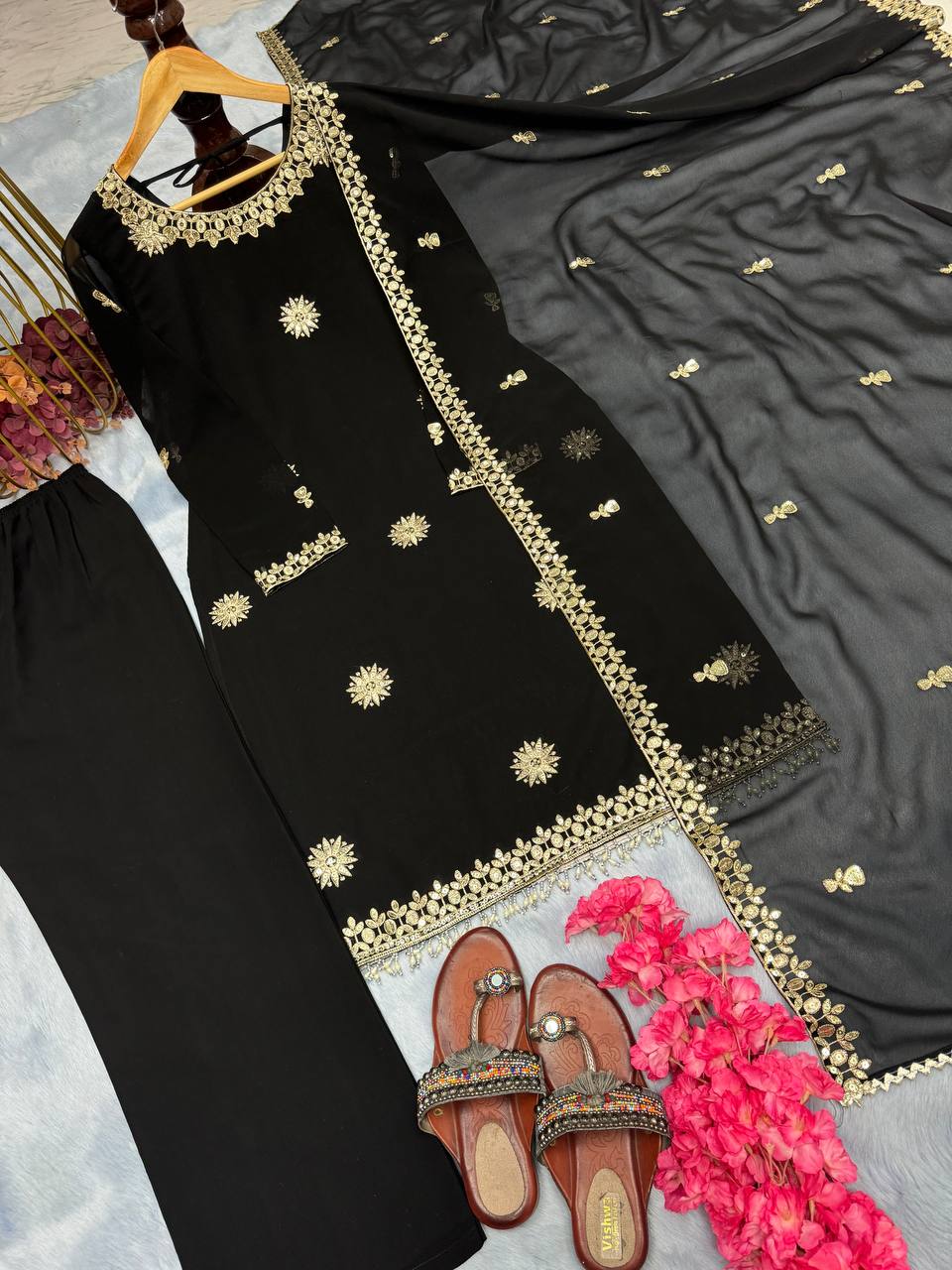 Black Premium Designer Readymade Faux Georgette Top, Plazzo & Dupatta Set – Party Wear Elegance ClothsVilla