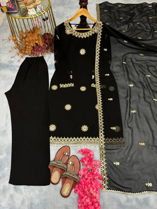 Black Premium Designer Readymade Faux Georgette Top, Plazzo & Dupatta Set – Party Wear Elegance ClothsVilla