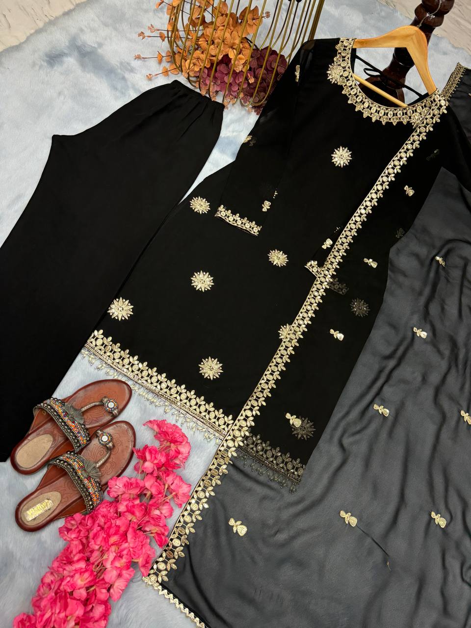 Black Premium Designer Readymade Faux Georgette Top, Plazzo & Dupatta Set – Party Wear Elegance ClothsVilla