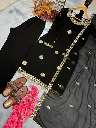 Black Premium Designer Readymade Faux Georgette Top, Plazzo & Dupatta Set – Party Wear Elegance ClothsVilla