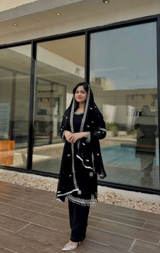 Black Premium Designer Readymade Faux Georgette Top, Plazzo & Dupatta Set – Party Wear Elegance ClothsVilla