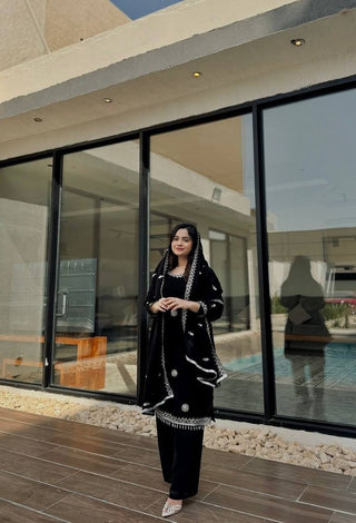 Black Premium Designer Readymade Faux Georgette Top, Plazzo & Dupatta Set – Party Wear Elegance ClothsVilla