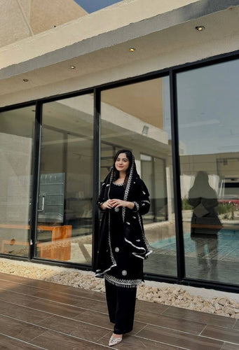 Black Premium Designer Readymade Faux Georgette Top, Plazzo & Dupatta Set – Party Wear Elegance ClothsVilla