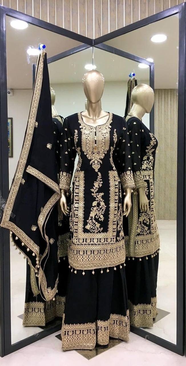 Black Premium Designer Readymade Top, Palazzo & Dupatta Set –Party Wear ClothsVilla Main image