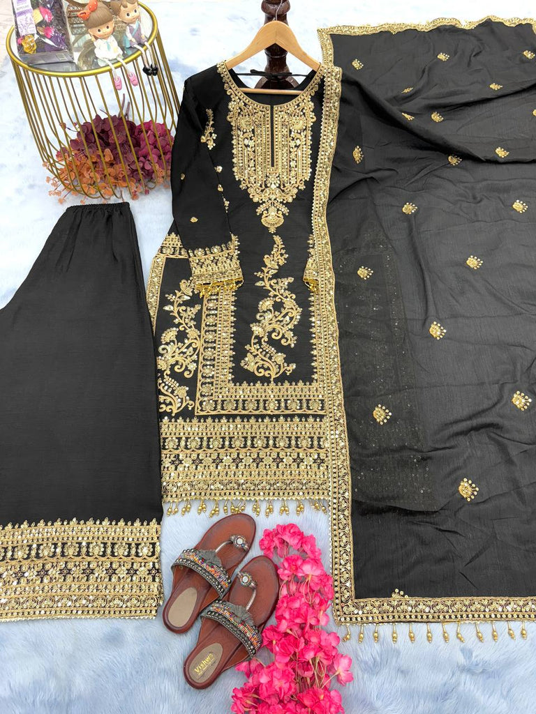 Black Premium Designer Readymade Top, Palazzo & Dupatta Set –Party Wear ClothsVilla