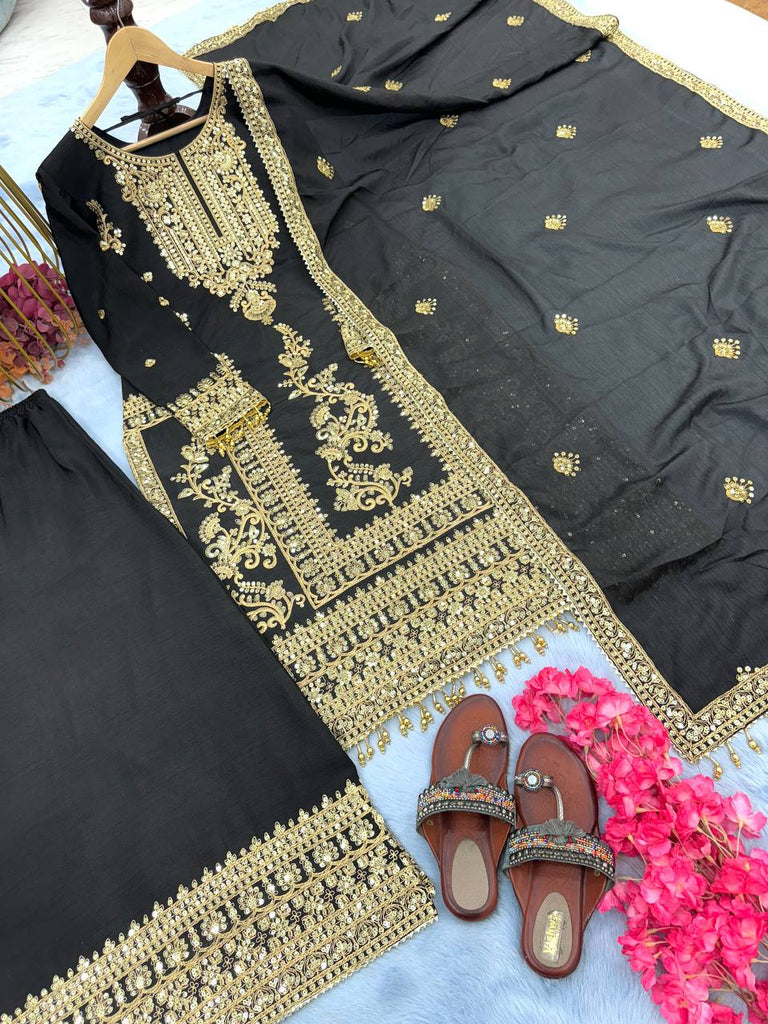 Black Premium Designer Readymade Top, Palazzo & Dupatta Set –Party Wear ClothsVilla