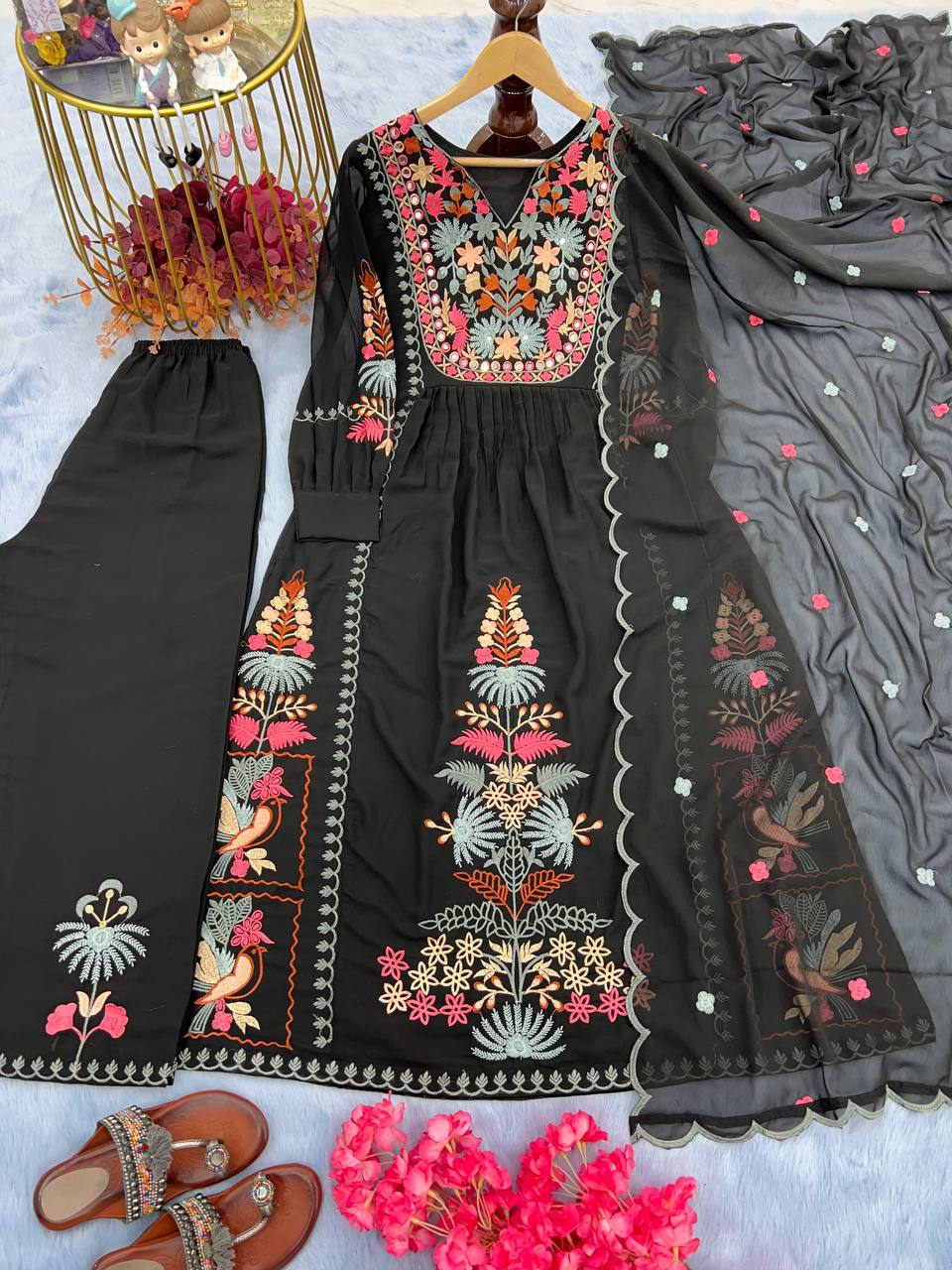 Black Premium Designer Readymade Top, Palazzo & Dupatta Set ClothsVilla Main image