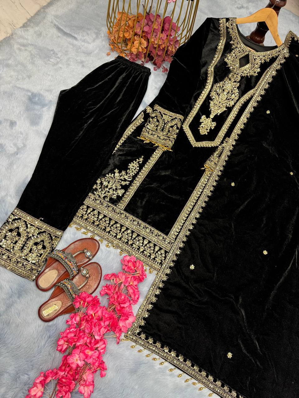 Black Premium Designer Readymade Viscose Velvet Top, Plazzo & Dupatta Set – Party Wear Elegance Clothsvilla