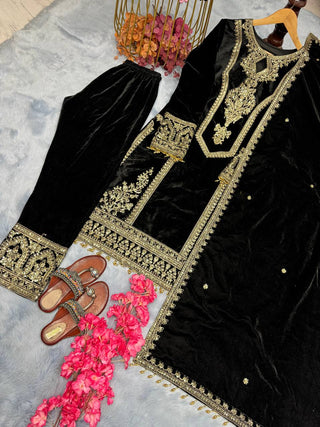 Black Premium Designer Readymade Viscose Velvet Top, Plazzo & Dupatta Set – Party Wear Elegance Clothsvilla