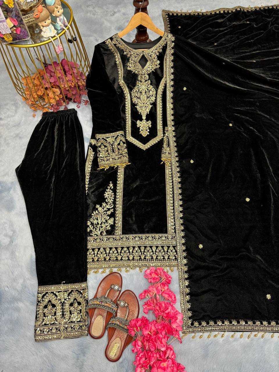 Black Premium Designer Readymade Viscose Velvet Top, Plazzo & Dupatta Set – Party Wear Elegance Clothsvilla