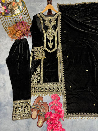 Black Premium Designer Readymade Viscose Velvet Top, Plazzo & Dupatta Set – Party Wear Elegance Clothsvilla