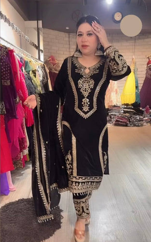 Black Premium Designer Readymade Viscose Velvet Top, Plazzo & Dupatta Set – Party Wear Elegance Clothsvilla