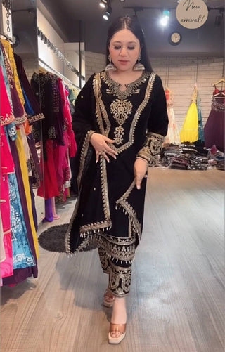Black Premium Designer Readymade Viscose Velvet Top, Plazzo & Dupatta Set – Party Wear Elegance Clothsvilla