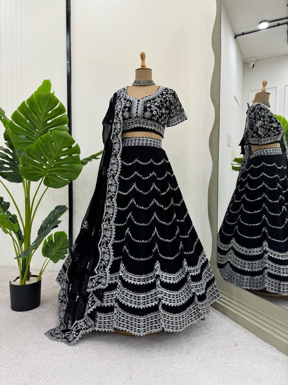 Black Premium Fox Georgette Lehenga Set with Flair & Full Sequin Embroidery ClothsVilla